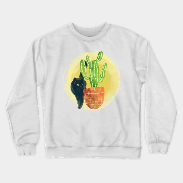 Black cat behind A cactus Crewneck Sweatshirt by Mimie20